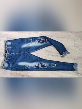 Stars Darkwash Frayed Hems Denim Patch Skinny Jeans sz34